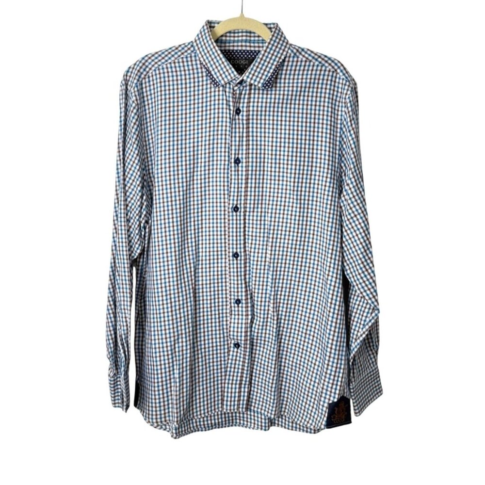Coogi Luxe Mens Size L Button-Up Checkered Shirt Blue Brown White Long Sleeve